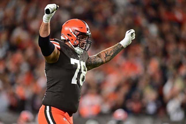 Sep 22, 2022; Cleveland, Ohio, USA; Cleveland Browns offensive tackle Jack Conklin (78) celebrates after a touchdown by wide receiver Amari Cooper (not pictured) during the first quarter against the Pittsburgh Steelersat FirstEnergy Stadium.