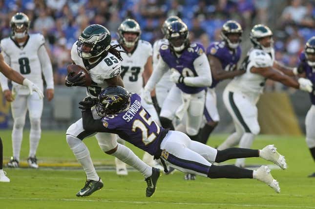 Aug 12, 2023; Baltimore, Maryland, USA; Philadelphia Eagles wide receiver Tyrie Cleveland (85) makes a catch in front of Baltimore Ravens cornerback Kevon Seymour (25) during the first half at M&T Bank Stadium.