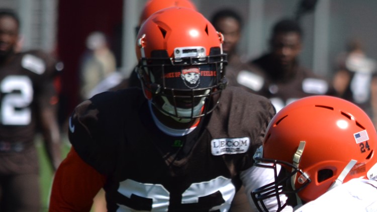 Cleveland Browns DB Damarious Randall Baker Mayfield-themed visor